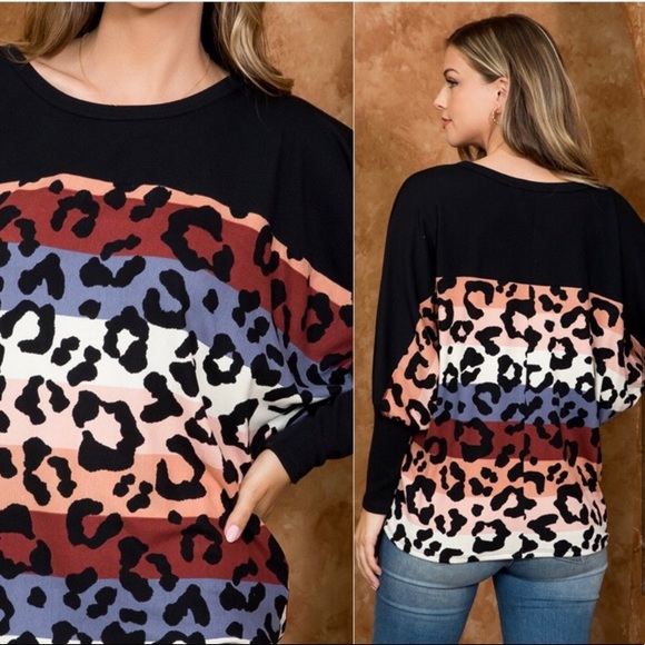 Women’s cashmere feel leopard printed colorblock stylish trendy fall top - Picture 2 of 2